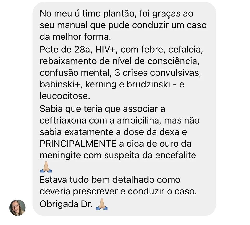 Mensagem de aluna agradecendo pelo manual após conduzir caso de meningite no plantão