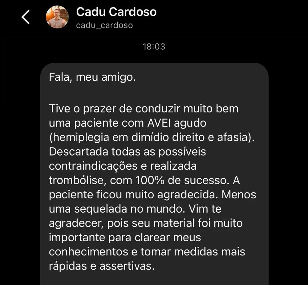 Depoimento de Cadu Cardoso sobre trombólise com sucesso após uso do manual